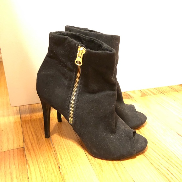 Express Black Suede Peep Toe Booties 7 - Picture 1 of 5
